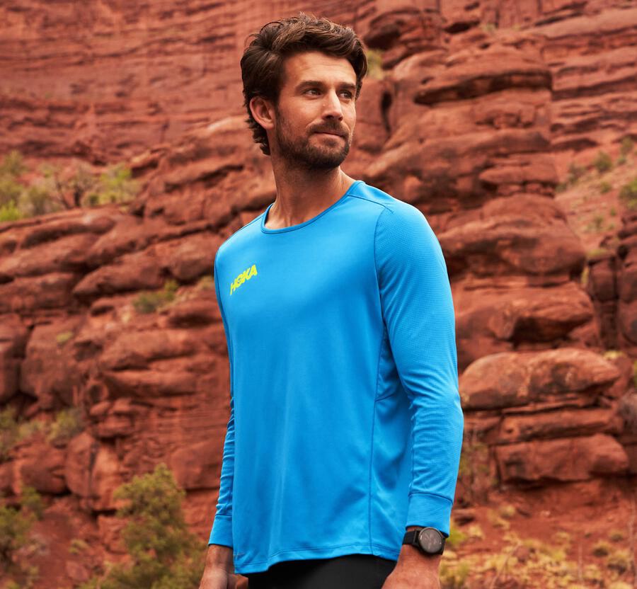 Hoka One One Top Erkek Mavi - Performance 3/4 Sleeve - NW9846052